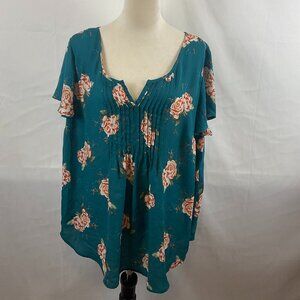 Torrid Blouse 1X Teal White Orange Green Floral Pleats Short Sleeve V-Neck
